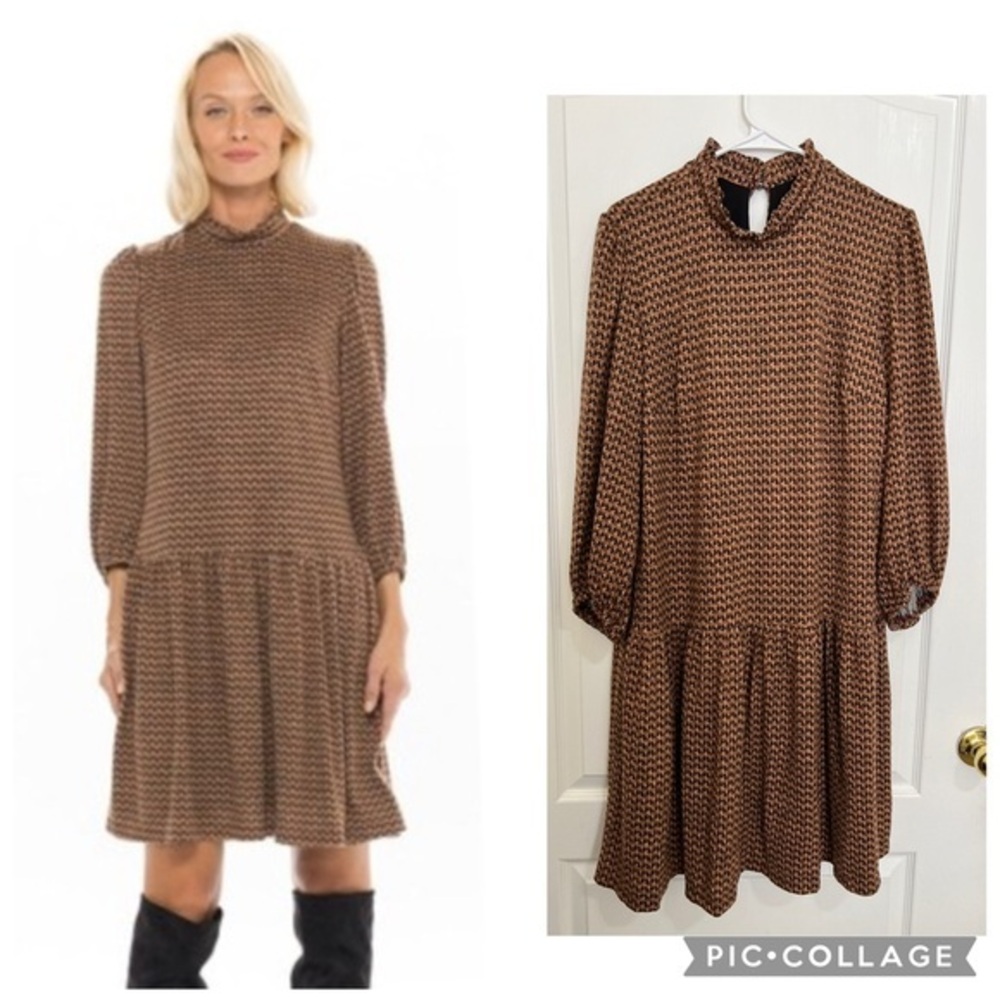52Seven Elegant Brown long sleeves Patterned Dress size XL